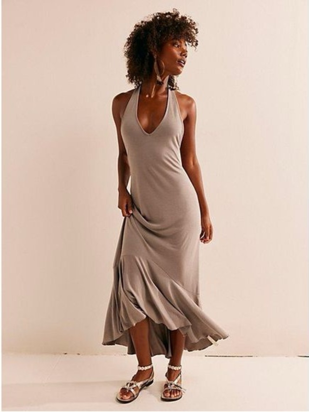 Free People Good Feels Halter Open Back Midi Dress NWT Large in Petrified Wood